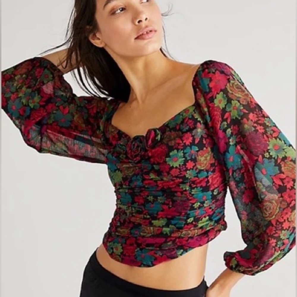 Free People Oh Lala Floral Top Pink Black Crop Blouse